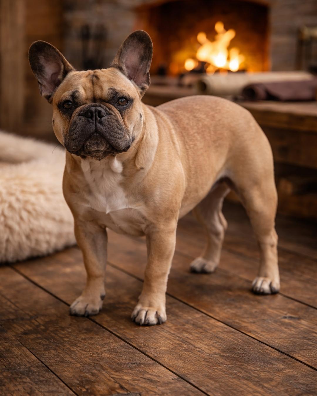 French Bulldog standing on a wooden floor in front of a fireplace