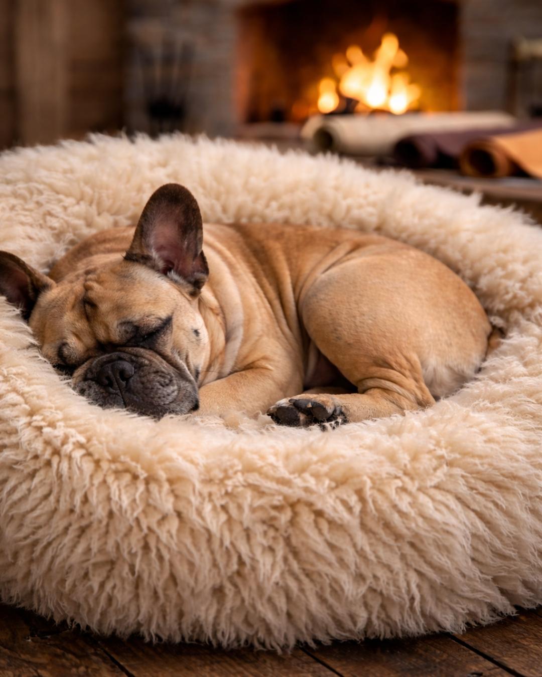 French Bulldog Sleeping In Sheepskin bed