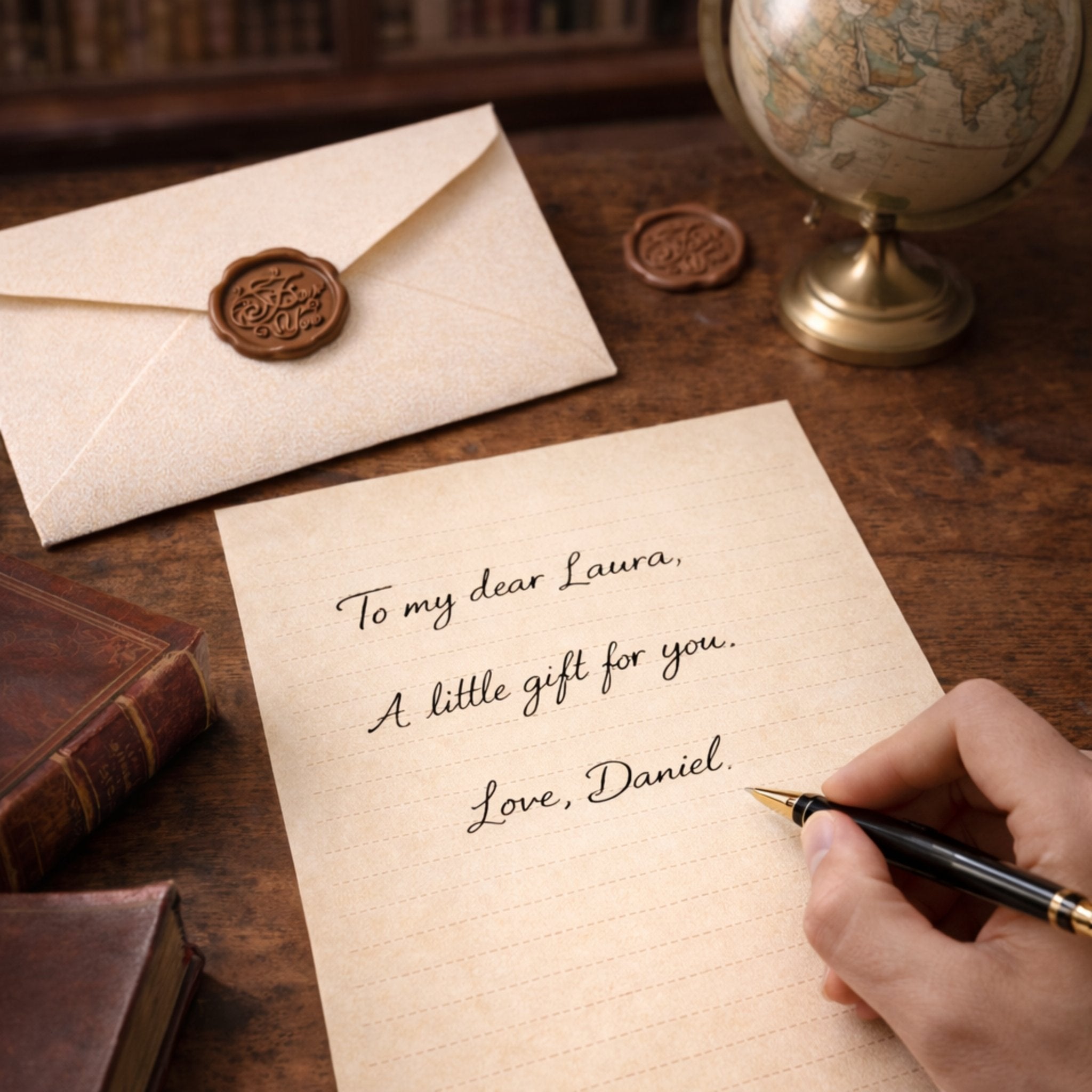 Handwritten letter addressed to 'Laura' with a wax seal, on a wooden desk with books and a globe.