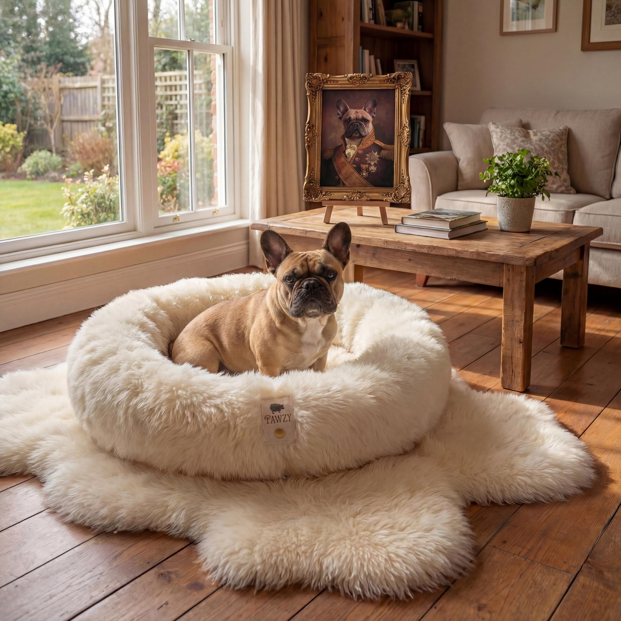 French Bulldog sitting on pawzy sheepskin bed
