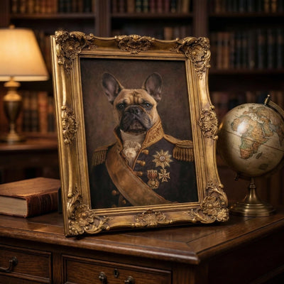 Decorative portrait of a dog in military attire within an ornate gold frame on a wooden desk.